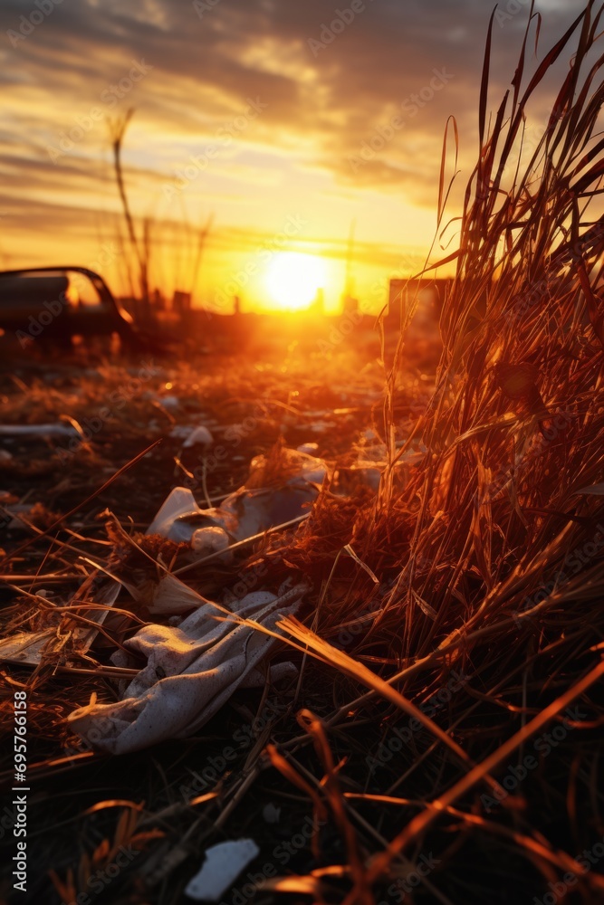 Poster a beautiful sunset casts its warm glow over a field filled with trash. this image can be used to dep