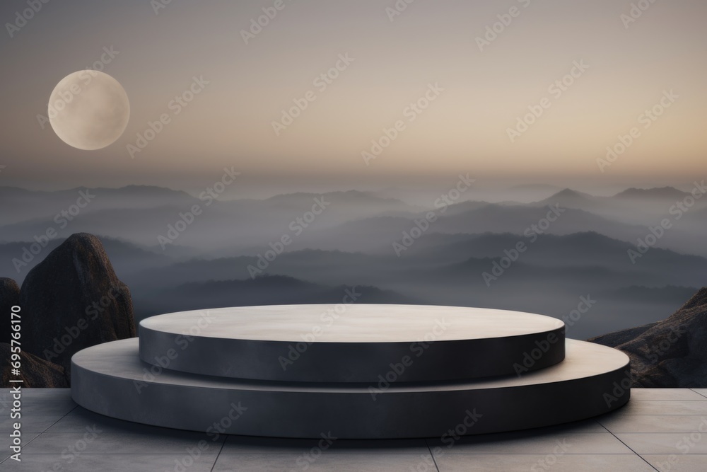 Poster A serene scene of a round platform situated in front of a towering mountain, illuminated by the full moon.