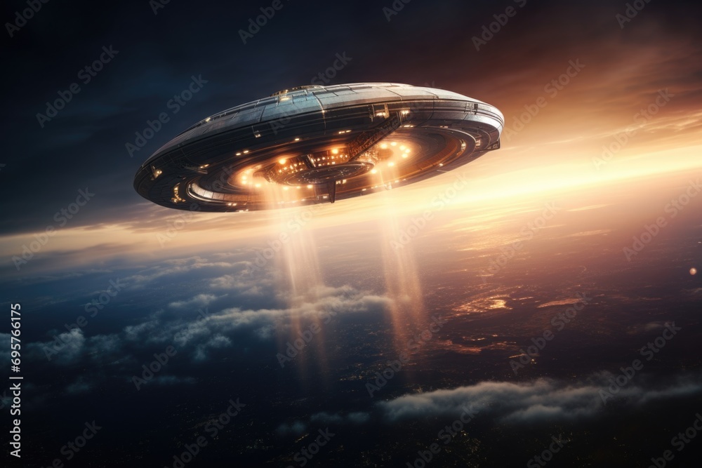 Poster A picture of a large flying object in the sky above the clouds. Suitable for various uses