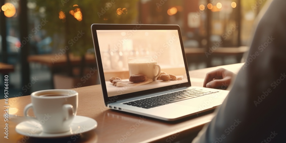Poster a laptop computer placed on a wooden table, suitable for various business and technology related use
