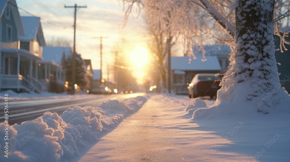 Poster snow covered sidewalk next to a tree. suitable for winter-themed projects