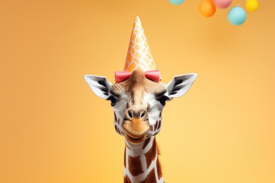 A picture of a giraffe wearing a party hat with colorful balloons in the background. Perfect for birthday party invitations or animal-themed celebrations
