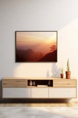 A television mounted on a wall in a cozy living room. Suitable for home decor or technology-related projects