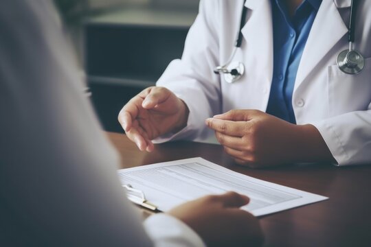 A doctor is having a conversation with a patient at a desk. This image can be used to depict a medical consultation or healthcare discussion