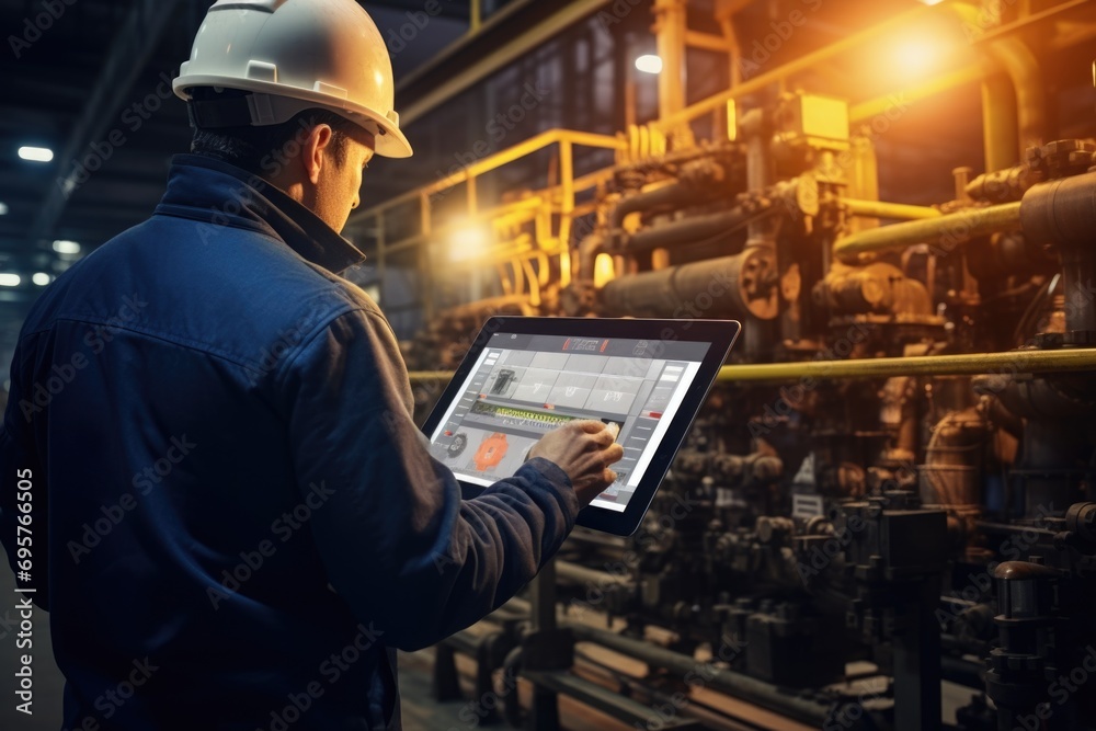 Poster a man wearing a hard hat using a tablet computer. suitable for construction, engineering, and techno