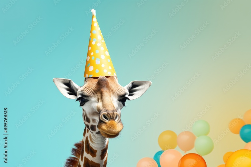 Poster a picture of a giraffe wearing a party hat with colorful balloons in the background. suitable for bi