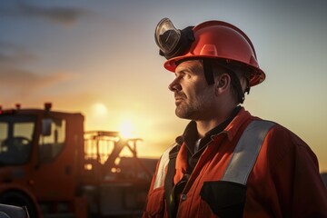 A man wearing a hard hat standing confidently in front of a truck. Ideal for construction or industrial themes