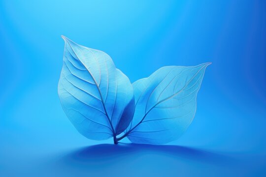 Two blue leaves on a blue background. Can be used for nature, abstract, or minimalist designs