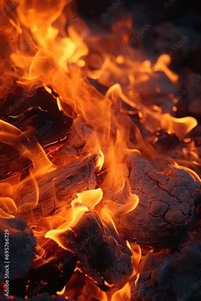 Poster A close up view of a pile of wood with flames. Perfect for adding warmth and coziness to any project