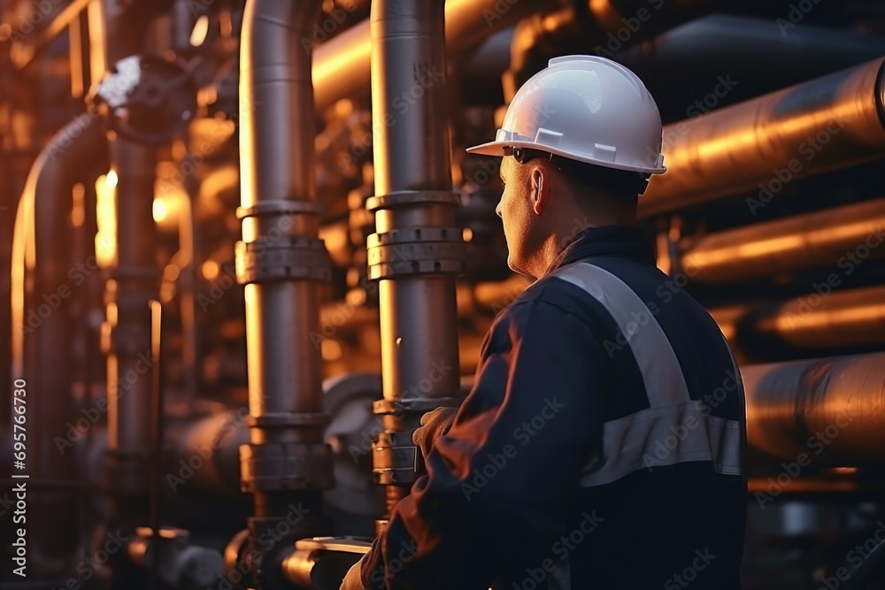Poster A man wearing a hard hat stands in front of a series of pipes. This image can be used to represent construction, engineering, or industrial work