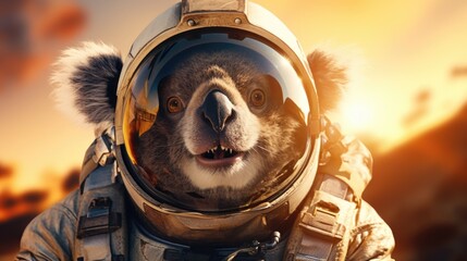 A close up picture of a koala wearing a space suit. This unique image can be used to depict animals in space or to illustrate concepts of exploration and adventure