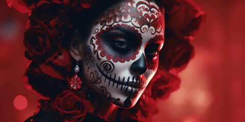 A woman wearing vibrant sugar skull makeup, perfect for Day of the Dead celebrations or Halloween parties