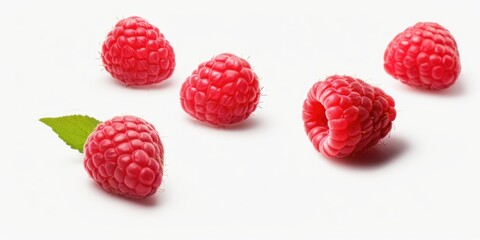 Fresh and juicy raspberries arranged in a group on a clean white surface. Perfect for food blogs,...