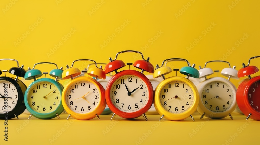Aufkleber colorful alarm clocks lined up on a vibrant yellow background. perfect for time management concepts 