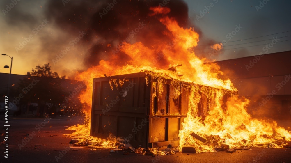 Poster a large fire is burning in the middle of a parking lot. this image can be used to depict a fire emer