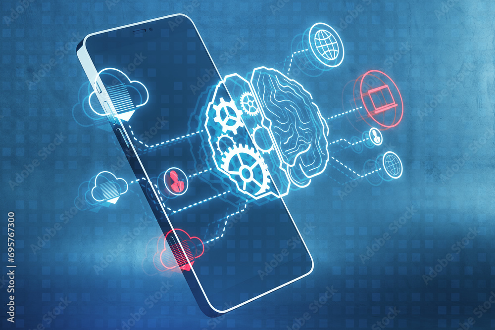 Poster Close up of mobile phone with creative digital brain hologram with cogwheels and various connected icons on blue background. Invention, ai and innovation concept. 3D Rendering.