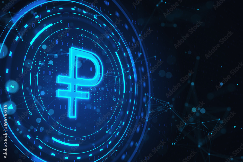 Poster Creative round blue ruble button on dark backdrop. Digital money and crypto concept. 3D Rendering.