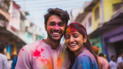 Young Indian couple, enjoying at the Holi festival, covered in colored powders on a crowded street