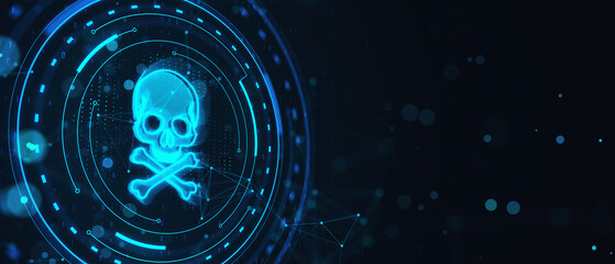 Creative skull hologram on dark wide blue background. Cyber attack and piracy concept. 3D Rendering.