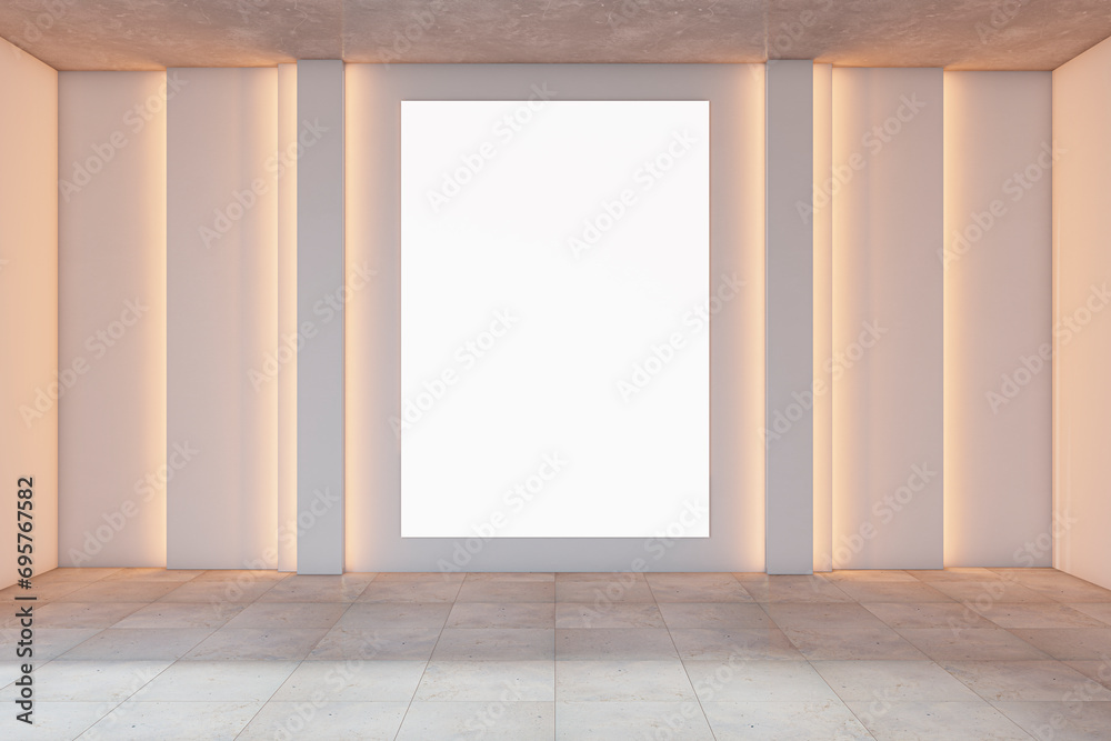 Poster Modern empty gallery room interior with white mock up banner on illuminated light wall. 3D Rendering.