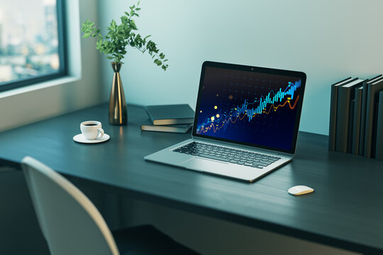 Close up of laptop, coffee cup, vase and supplies on desk with glowing candlestick forex chart on wall background. Window with city view. Trade, finance and stock concept. 3D Rendering.