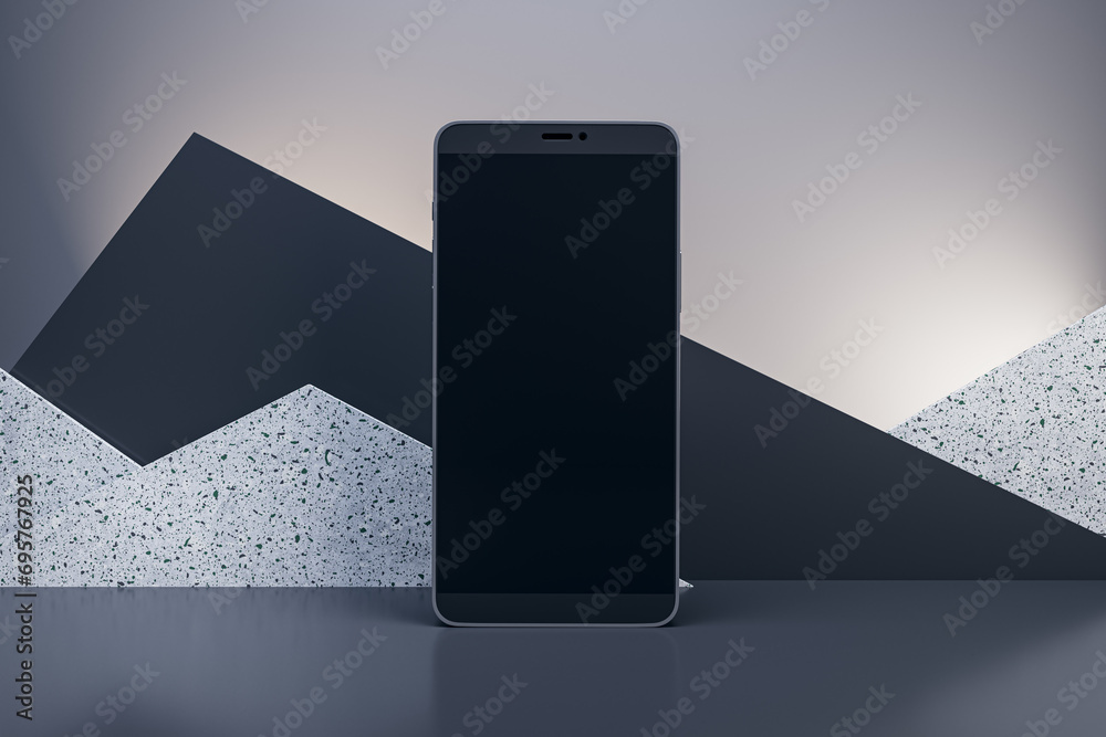 Poster Blank smartphone on creative decorative triangular mountain background with mock up space. Black and marble elements. 3D Rendering.