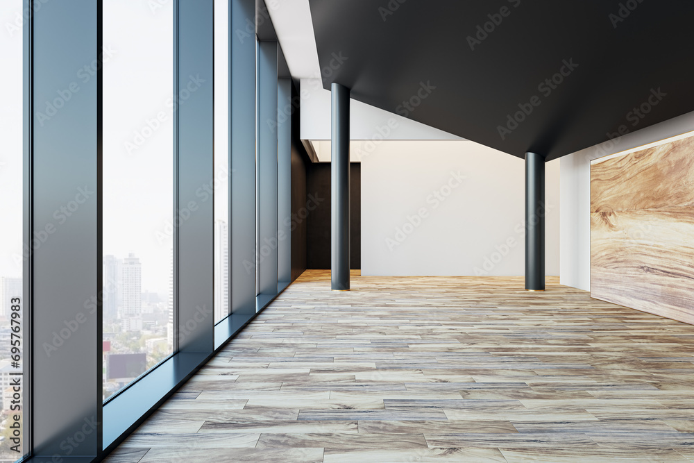 Poster clean hallway interior with window and city view, columns, blank mock up place and daylight. 3d rend