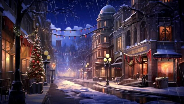 city ​​atmosphere with sparkling fireworks, winter atmosphere, loop video background animation, cartoon anime style, for vtuber / streamer backdrop