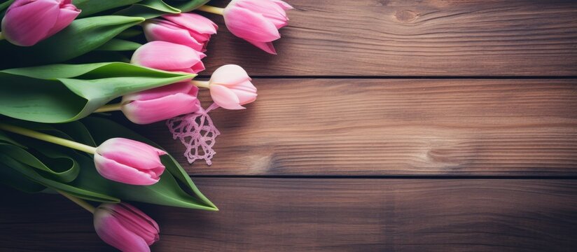 A bouquet of beautiful pink tulips flower on wooden background. Mother's Day card concept