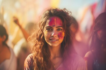 Young Indian woman, enjoying at the Holi festival, covered in colored powders on a crowded street