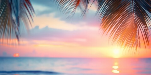 Fototapeta na wymiar Capture the serene beauty of a blurred sunset over the sea, framed by palm leaves, creating an abstract defocused background perfect for a summer vacation ambiance.