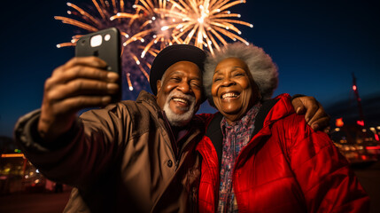 Selfie portrait of elderly couple with a fireworks