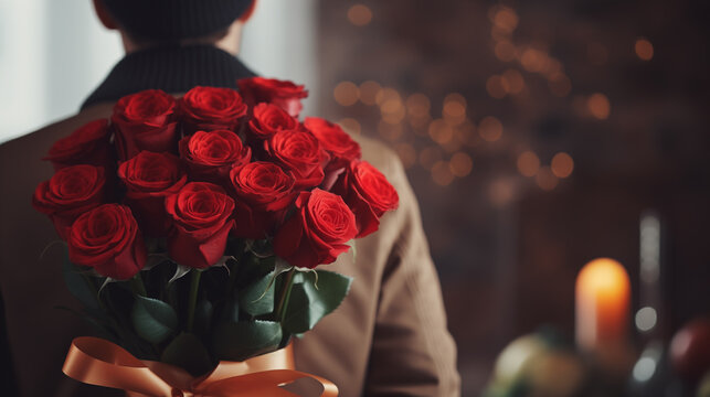 crop shot of a man with a bouquet of red roses as a surprise greeting on Valentine's Day, Mother's Day or International Women's Day