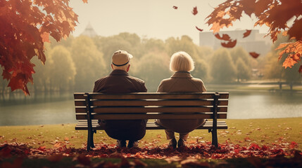 Retired couple sitting on bench in autumn park - obrazy, fototapety, plakaty