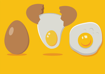 Raw, broken, boiled and fried eggs flat item set. cartoon domestic chicken eggs with yellow yolk isolated vector illustration collection. organic farm products and food concept Free Vector