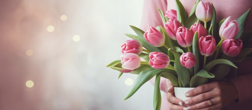 Woman hands holding a Bouquet of pink Tulip flowers for happy mothers day Greeting blur background