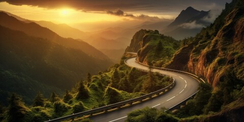 A winding road through a forested mountain area at sunset.