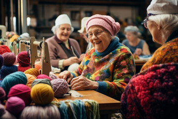 Joyful Seniors Engaging in Knitting Workshop - obrazy, fototapety, plakaty