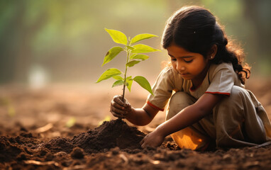 Cute little girl planting a tree.