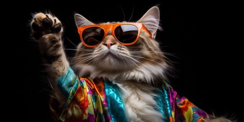 A whimsical image of a cat wearing sunglasses and a colorful shirt, posed as if dancing.