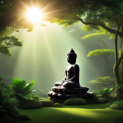 a remote stone buddha statue of great value in a forest  =AI generated illustration