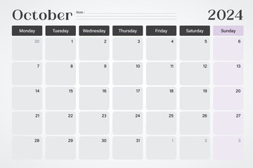 October 2024 calendar or desk planner in soft gray and purple colors with empty note lines, weeks start on Monday, vector illustration design
