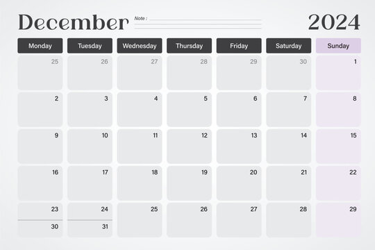 December 2024 calendar or desk planner in soft gray and purple colors with empty note lines, weeks start on Monday, vector illustration design