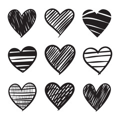 hand draw black vector heart set isolated on white background. Silhouette hearts illustration.
