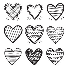 hand draw black vector heart set isolated on white background. Silhouette hearts illustration.