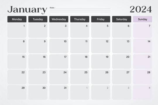 January 2024 calendar or desk planner in soft gray and purple colors with empty note lines, weeks start on Monday, vector illustration design