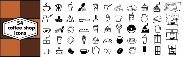 Set of coffee shop vector icons. Coffee illustration line icons. Coffee maker machine, Espresso cup, cappuccino, Latte