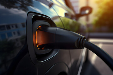 EV charging station for black colored electric car in concept of green energy and eco power - obrazy, fototapety, plakaty