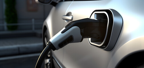 EV charging station for silver electric car in concept of green energy and eco power