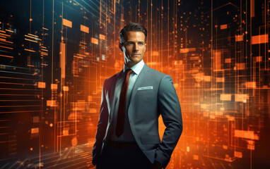 Fototapeta premium Businessman in front of glowing data
